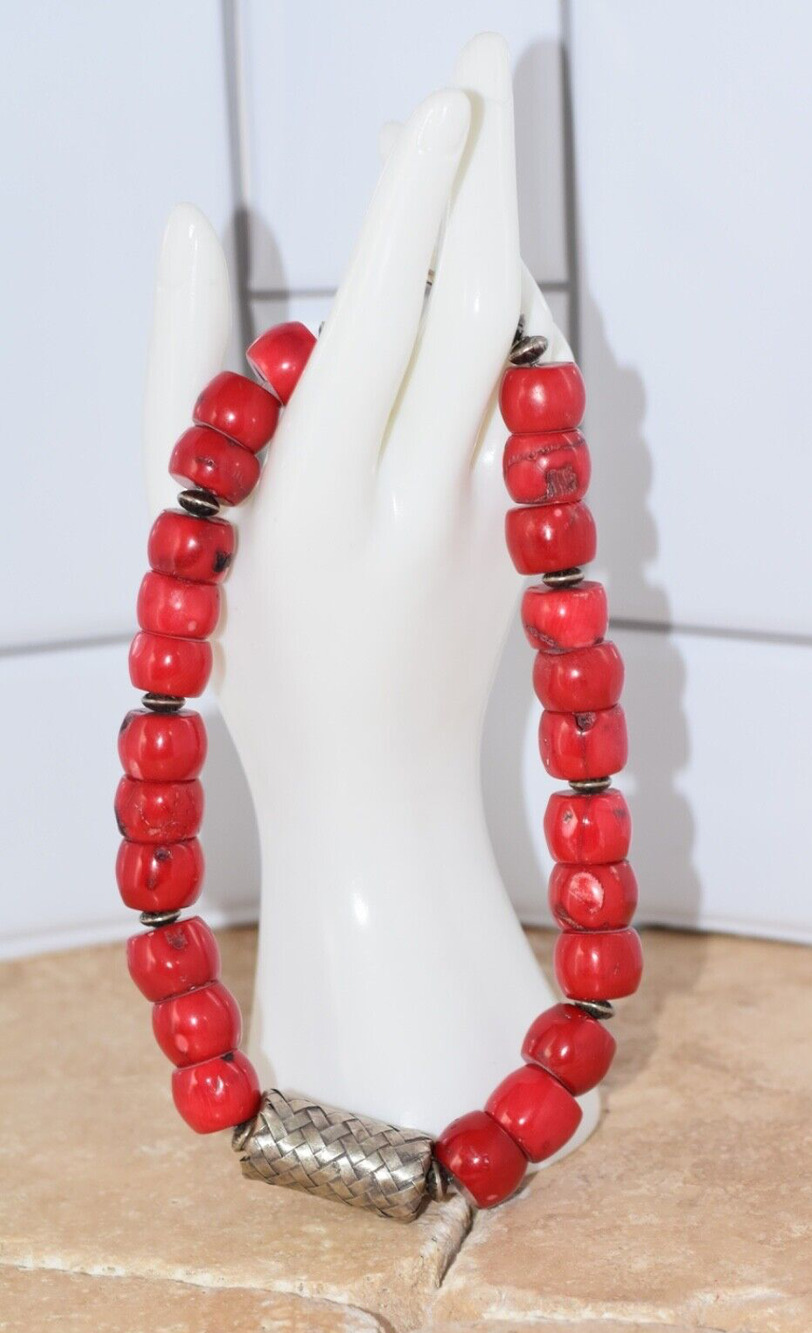Vintage 925 Natural Red Coral Chunky Boho Moroccan Statement Necklace